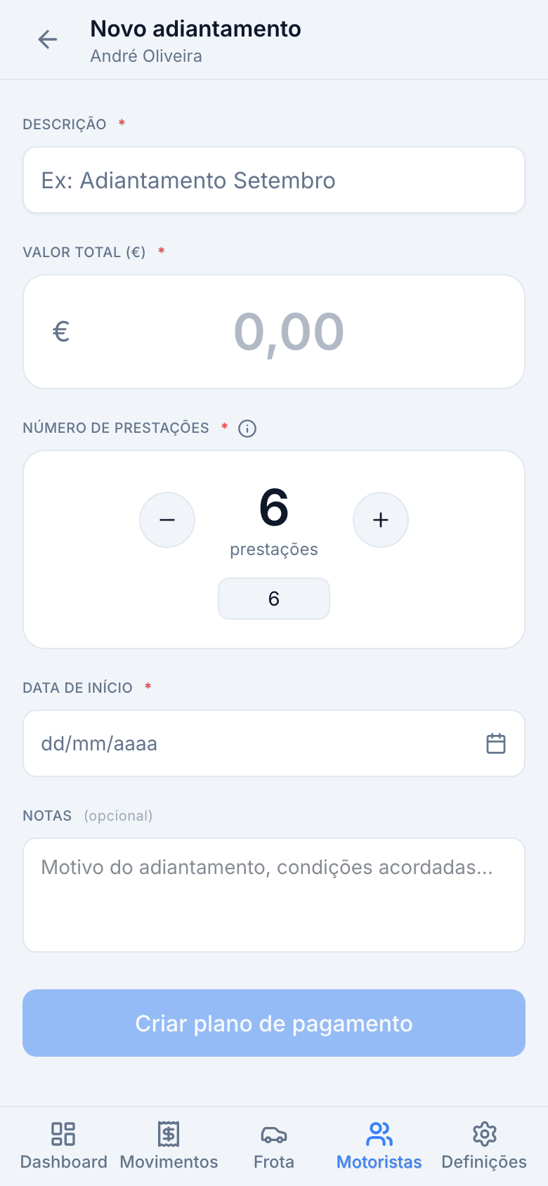 Formulário de dívida