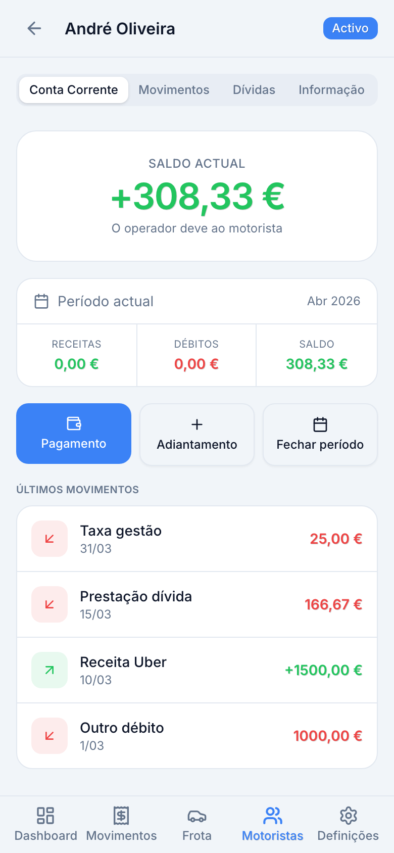 Conta corrente do motorista