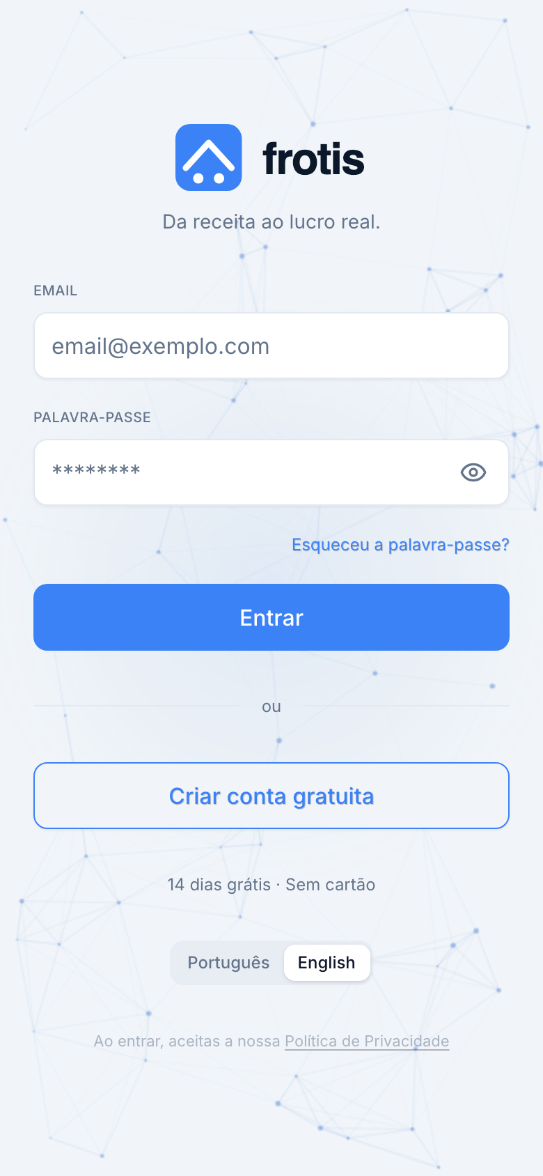 Ecrã de login do Frotis
