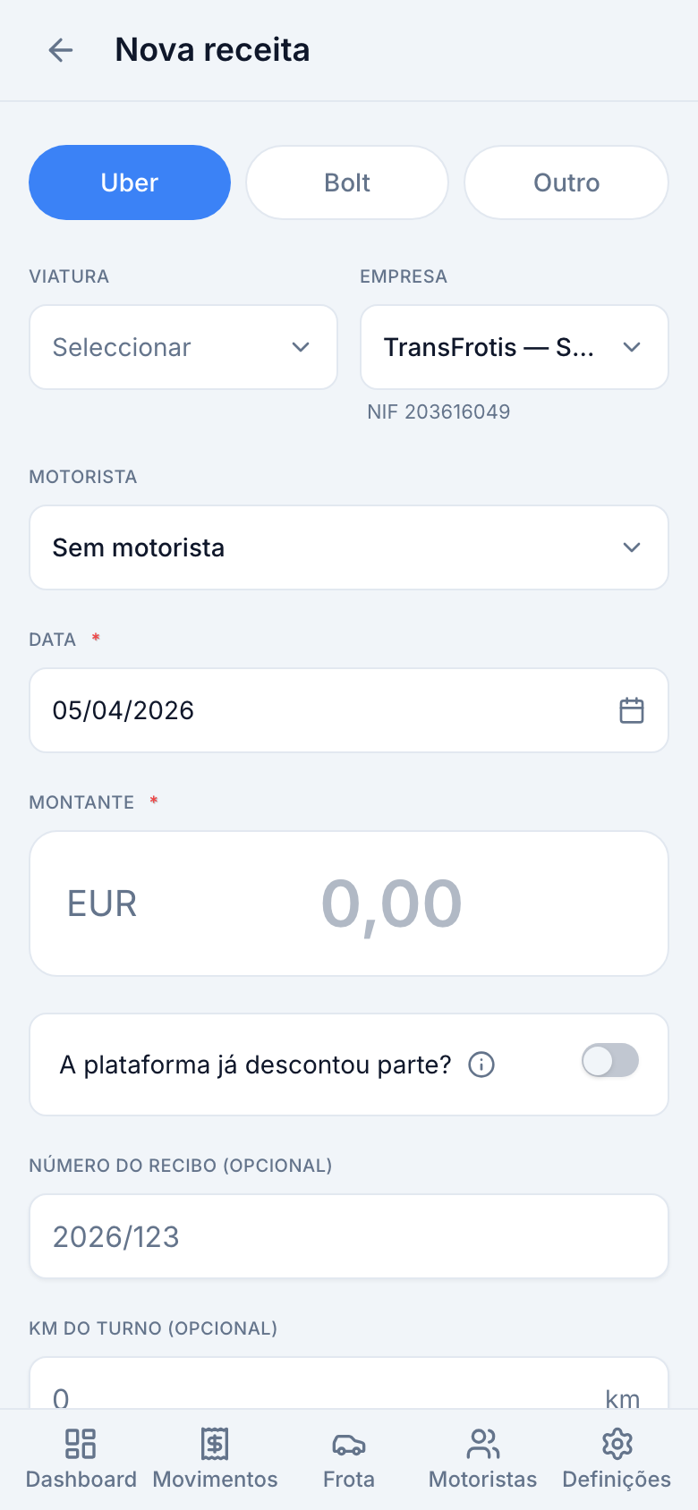 Formulário de nova receita