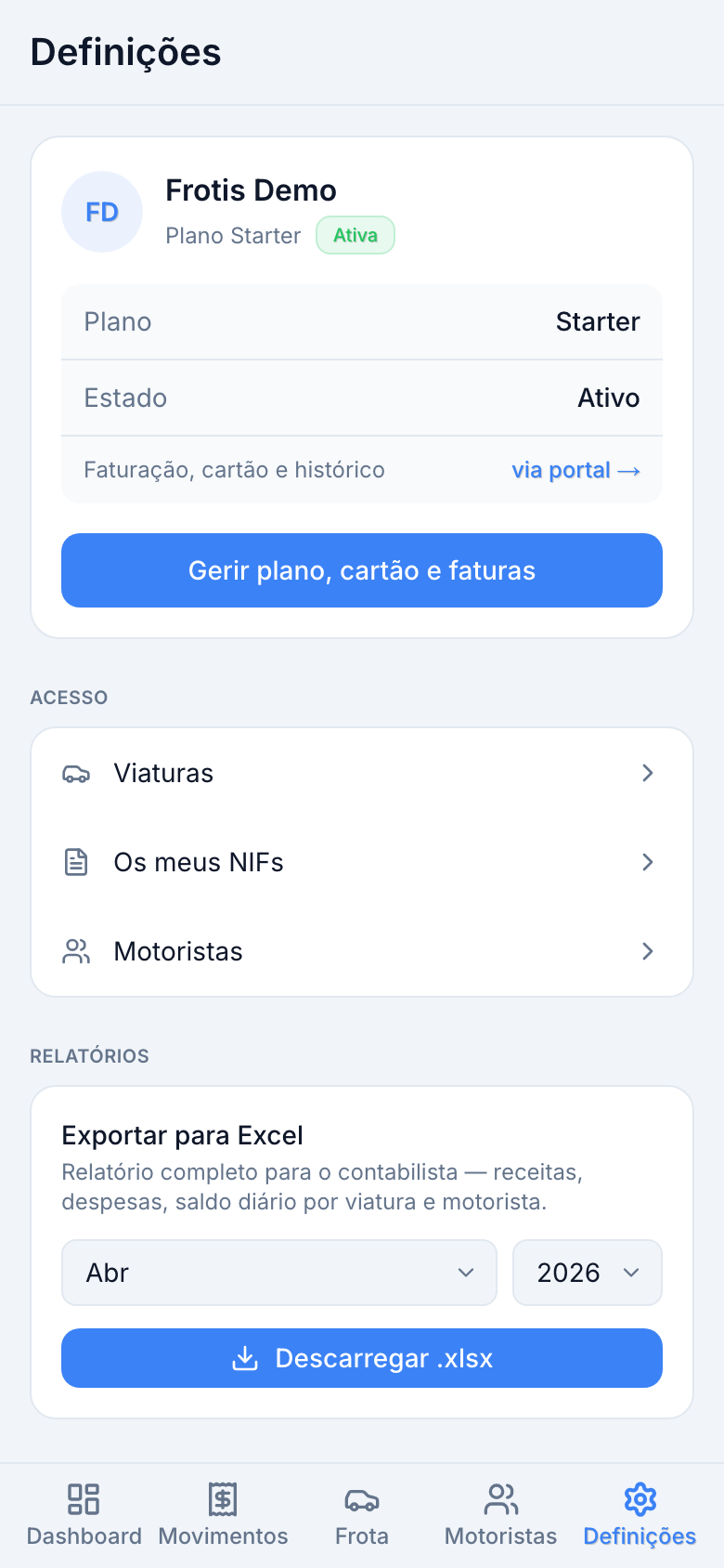 Ecrã de definições